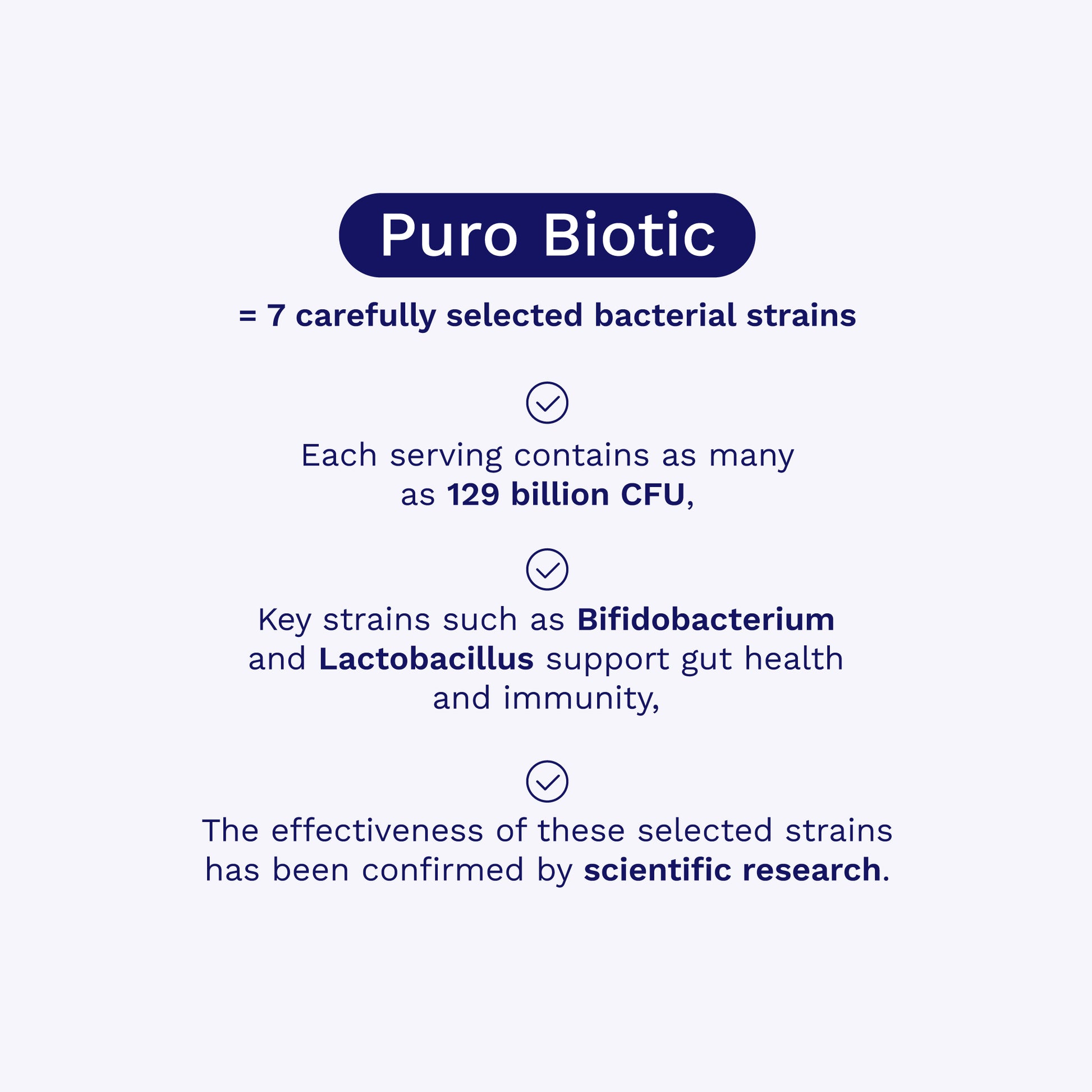 Puro Biotic = 7 carefully selected bacterial strains - each serving contains as many as 129 billion CFU - Puromedica