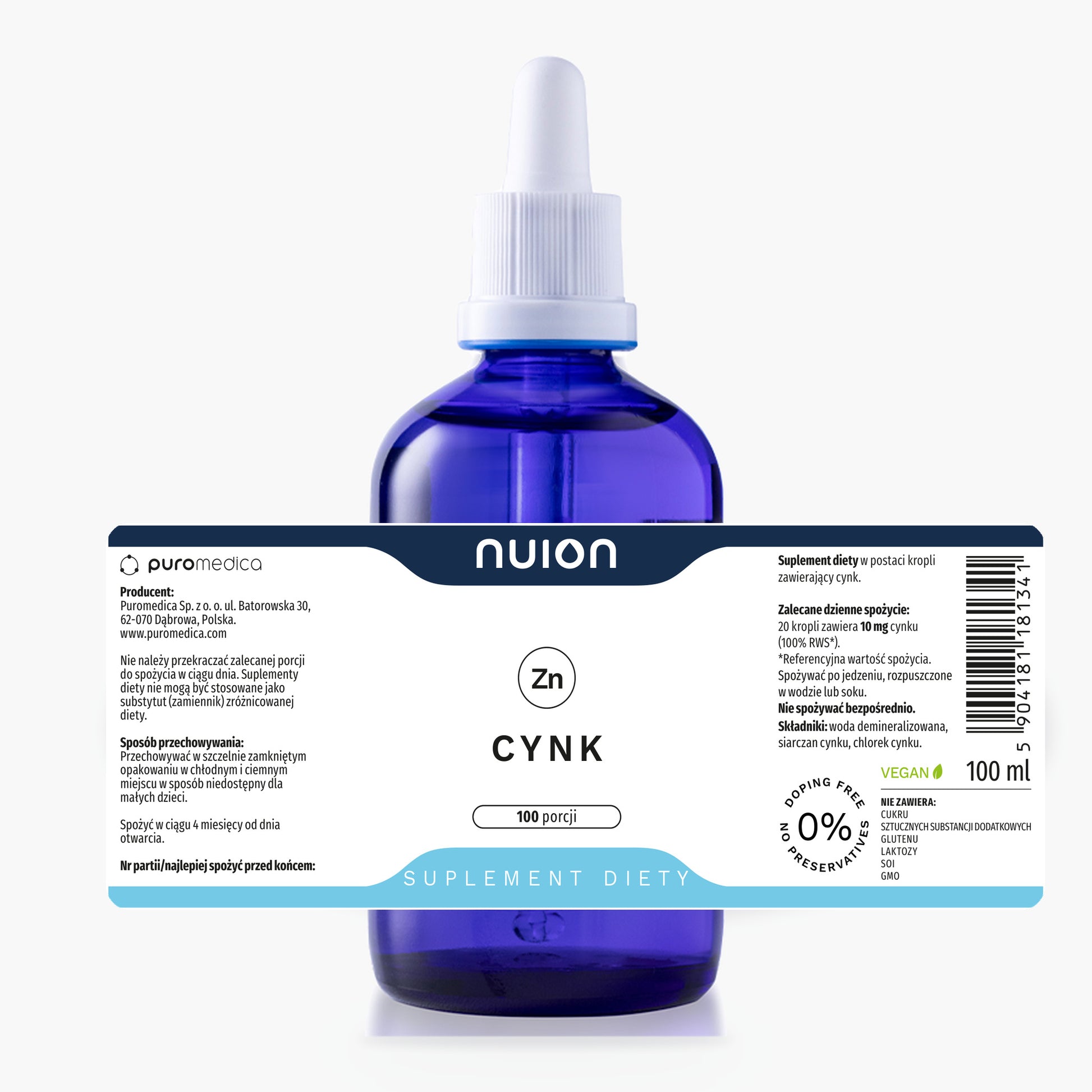 Cynk NUION 100 ml – butelka i rozlożona etykieta ze składem i dawkowaniem