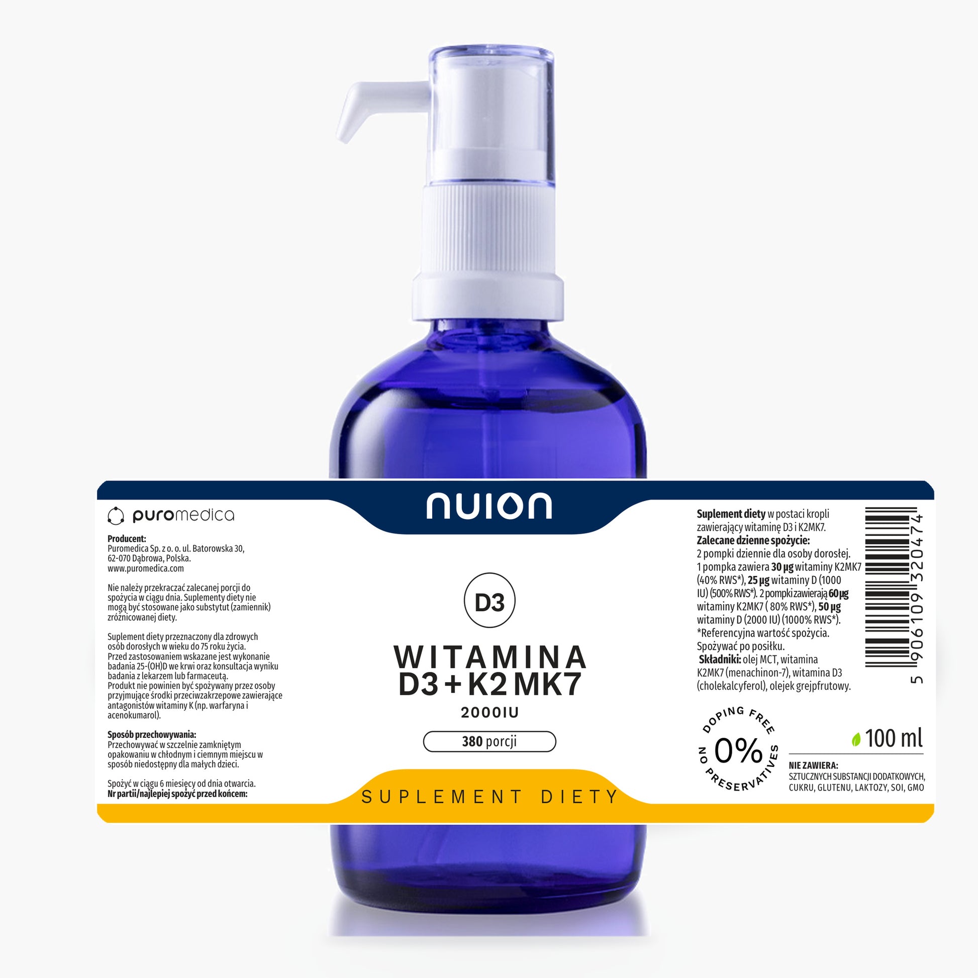 Witamina D3+K2MK7 NUION 100 ml – butelka i rozlożona etykieta ze składem i dawkowaniem