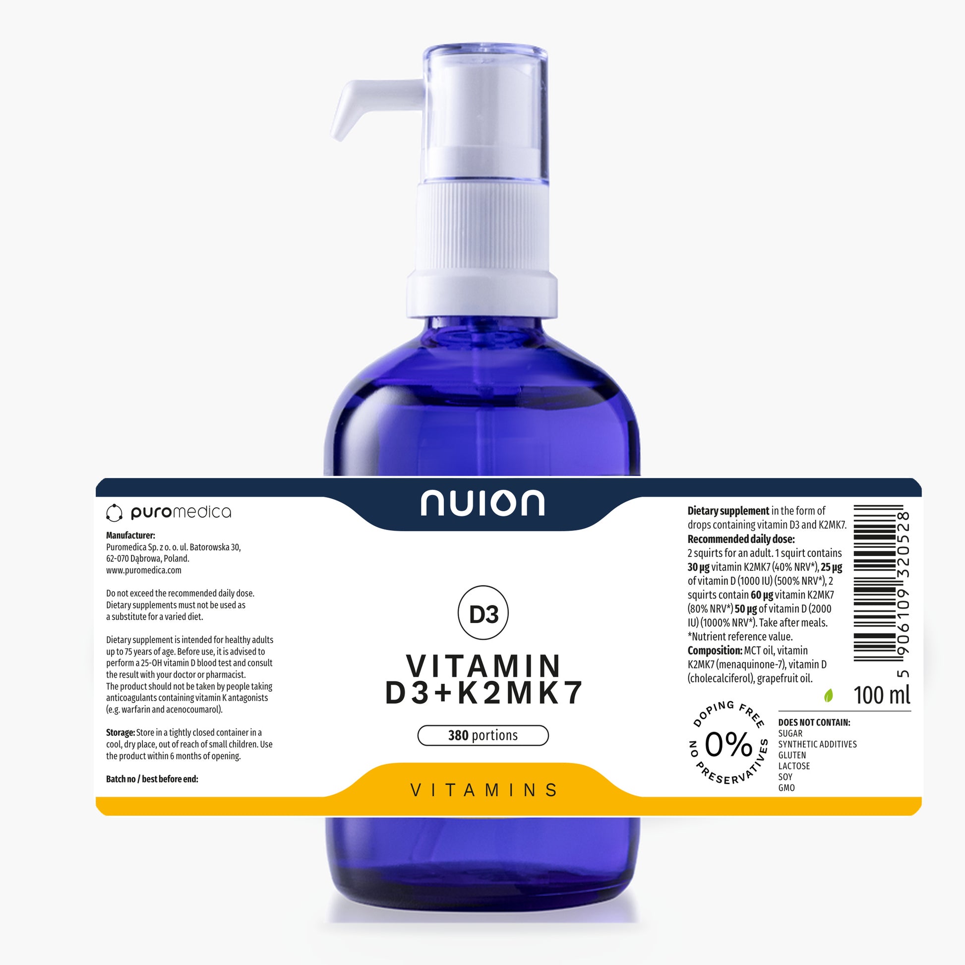 NUION Vitamin D3+K2MK7 100 ml – bottle with its label laid flat: composition and dosage