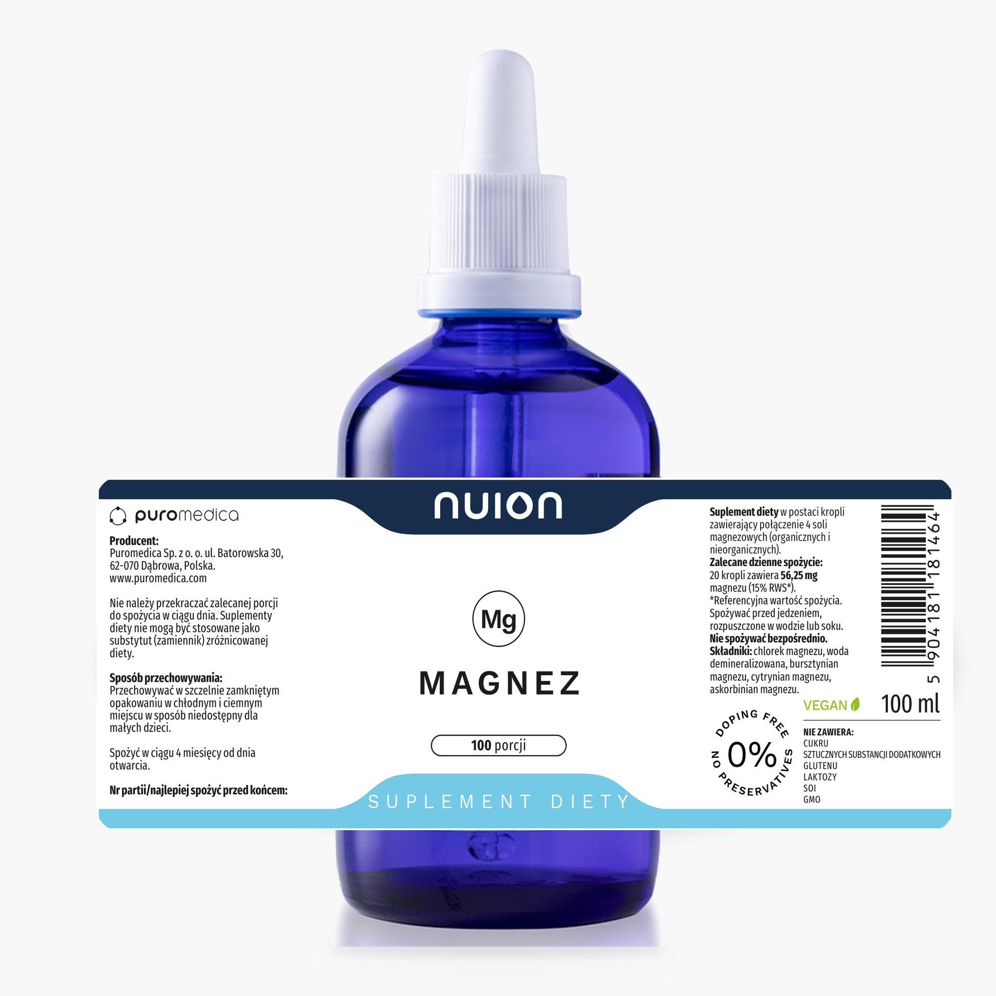 Magnez NUION 100 ml – butelka i rozlożona etykieta ze składem i dawkowaniem