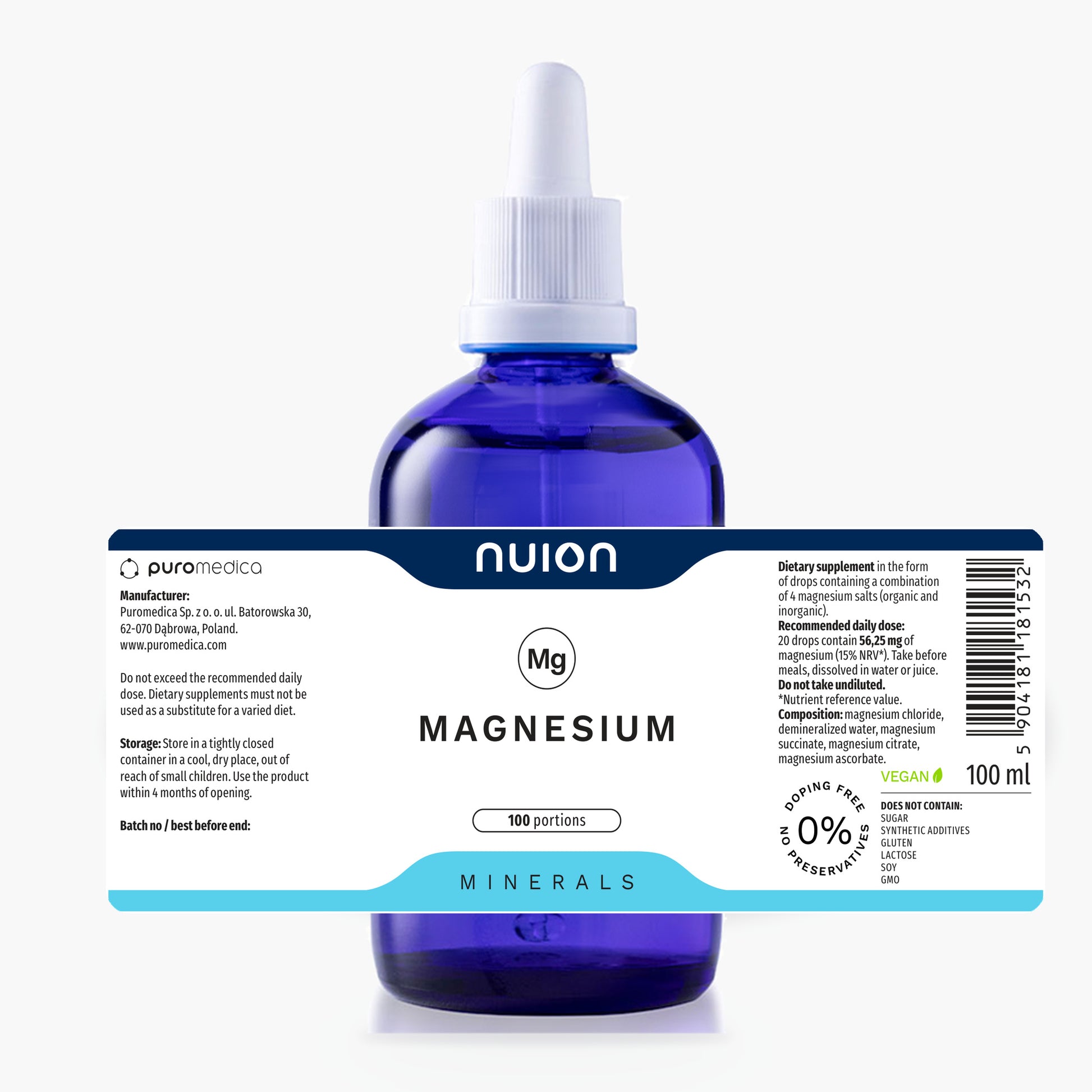 NUION Magnesium 100 ml – bottle with its label laid flat: composition and dosage
