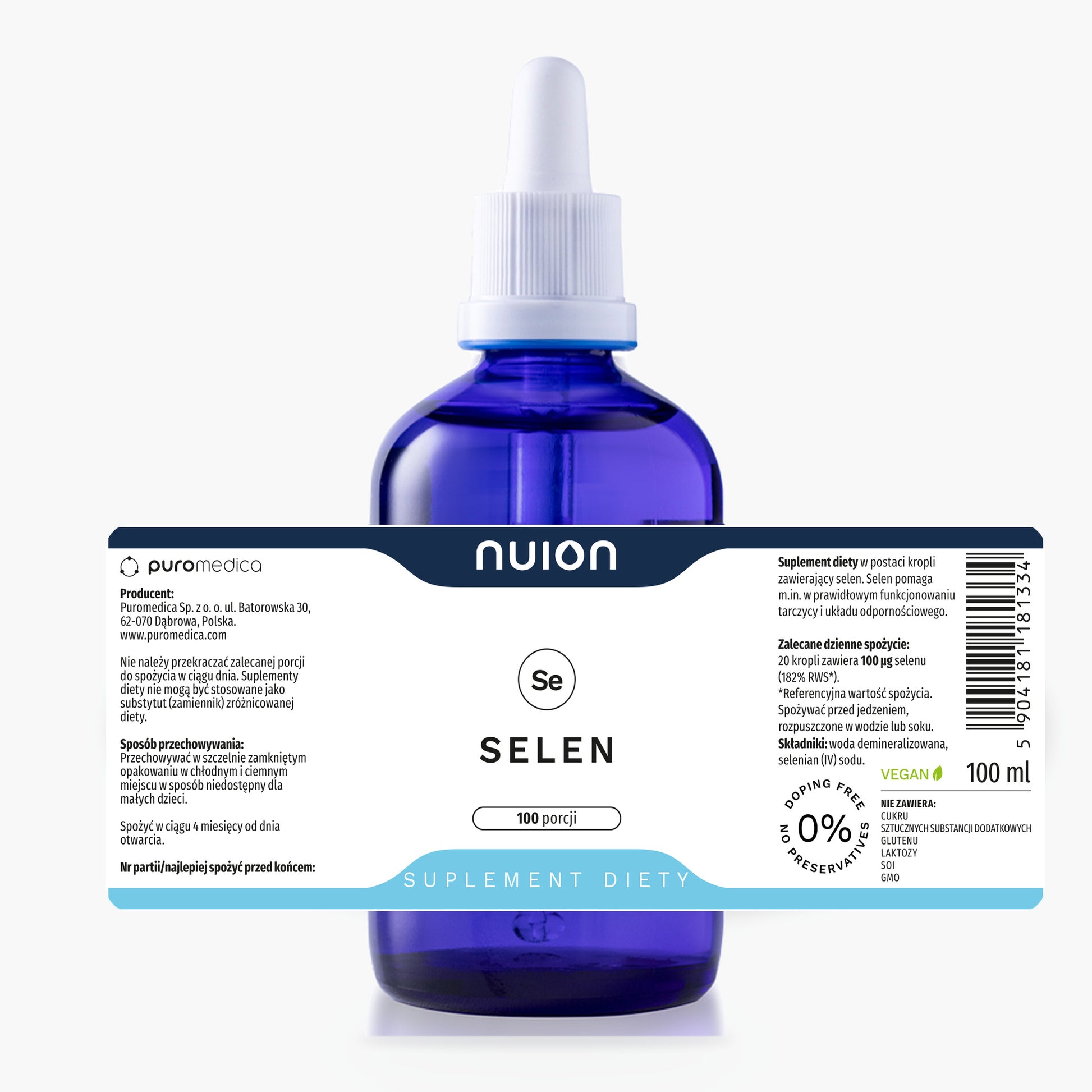 Selen NUION 100 ml – butelka i rozlożona etykieta ze składem i dawkowaniem